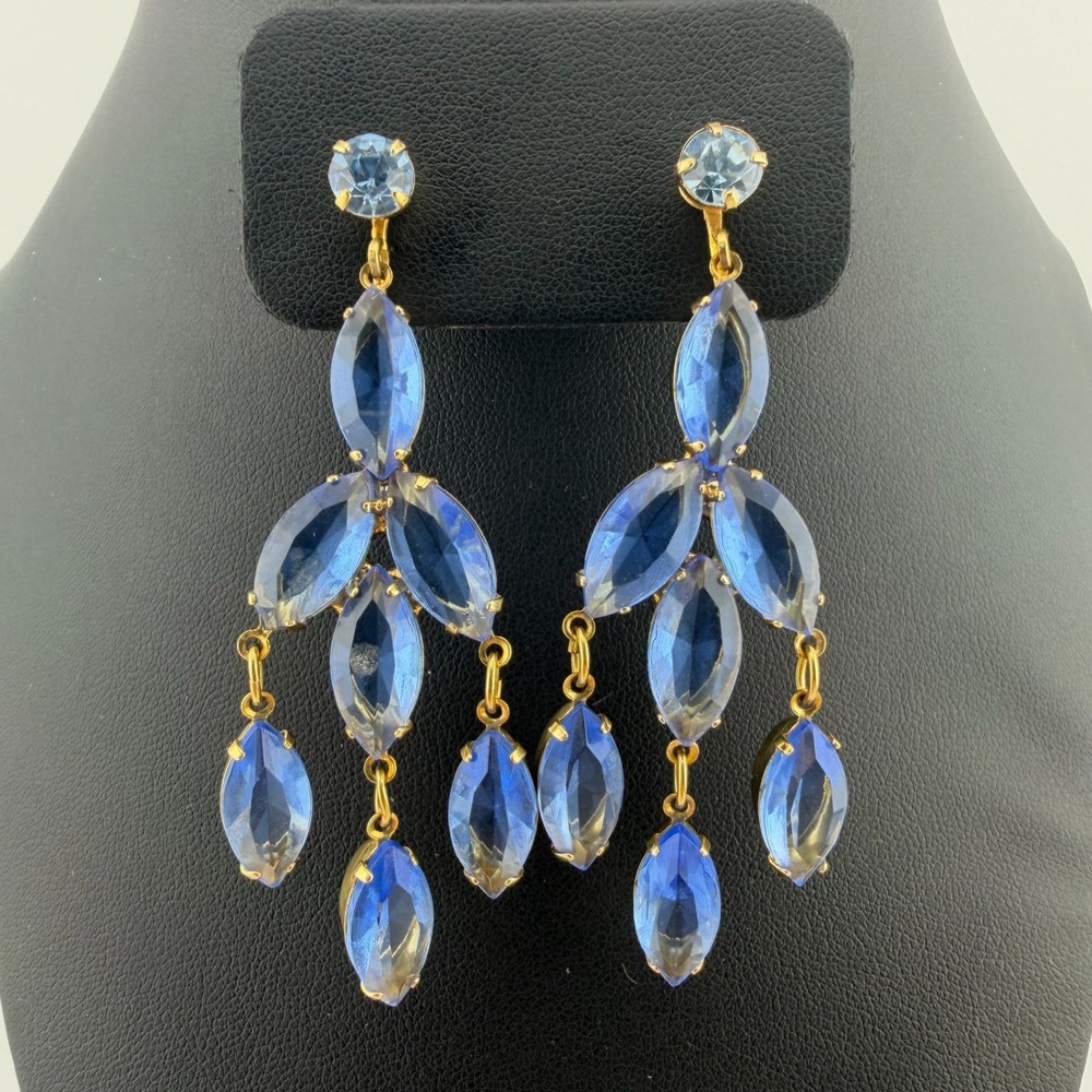 Blue & Gold Chandelier Vintage Style Clip On Earrings